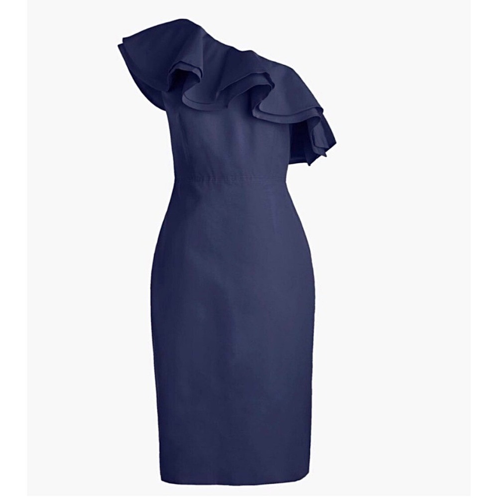 J.Crew Navy Blue One Shoulder Ruffle Cotton Silk Sheath Dress 6T Tall Formal